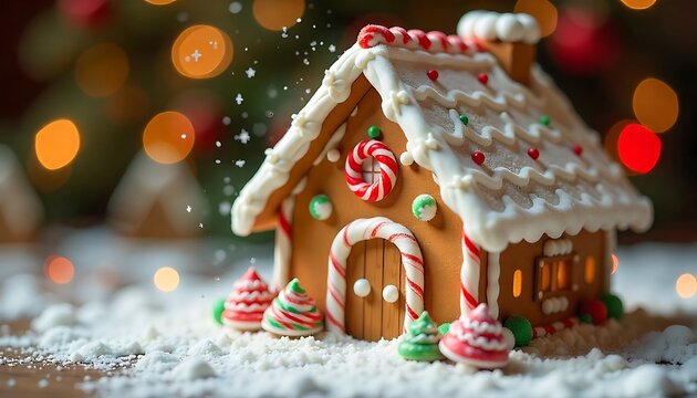 Christmas Gingerbread House with Window Xmas Lights over shining Garland, created with generative ai