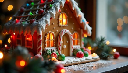 Fototapeta premium Christmas Gingerbread House with Window Xmas Lights over shining Garland, created with generative ai
