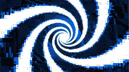 Abstract digital spiral pattern with blue and white pixelated design