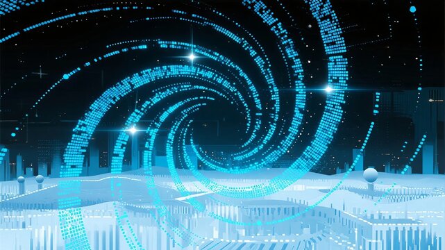 Digital data stream forming a futuristic spiral over a technological landscape