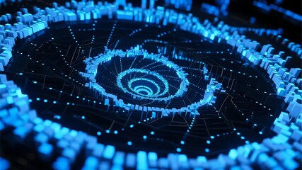 Abstract digital spiral with glowing blue nodes and network connections in a futuristic technological design