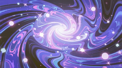 Abstract cosmic swirl with vibrant purple and blue hues, glowing orbs, and star-like sparkles