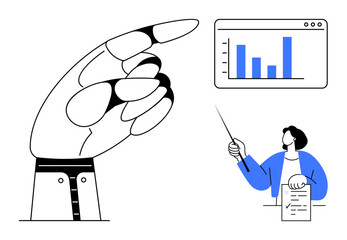 Raised hand directs attention to a bar chart, presenter holding a document and pointer explains data. Ideal for focus, teamwork, presentation, instruction, strategy, analysis, simple flat metaphor