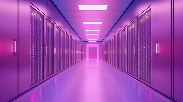 Interior showcases long server room illuminated by bright purple lights in a modern setup