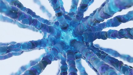 Microscopic view of a blue, branching cellular structure with intricate patterns and vibrant hues.