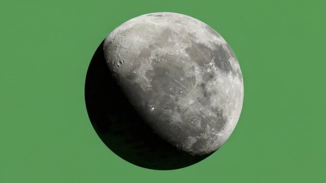 Moon in Space: A close-up view of the moon against a vibrant green backdrop, showcasing its textured surface and unique patterns. This image evokes a sense of cosmic beauty and wonder.