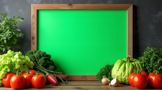 Commercial Display Mockup: Green Screen Board with Vegetables Ornament