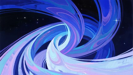 Abstract cosmic swirl with flowing blue and purple hues against a starry background