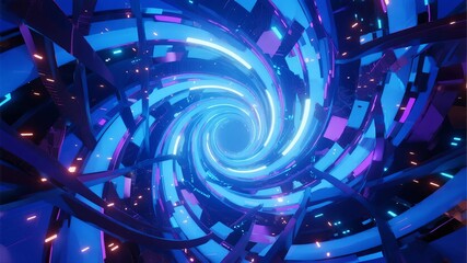 A futuristic, glowing tunnel with swirling blue and purple lights and geometric structures creating a hypnotic vortex effect.