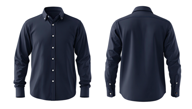 Dark blue shirt, front & back. White buttons, long sleeves