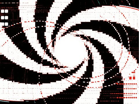 Abstract digital spiral pattern with black and white stripes, red dotted lines, and pixelated grid elements