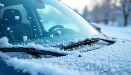 Frozen windshield with snow on a vehicle. Frosted wipers and washer nozzles. Ice-covered automobile surfaces, created with generative ai