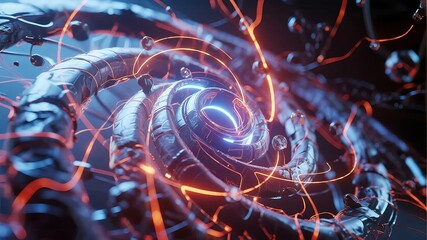 Futuristic mechanical structure with glowing energy circuits and central luminous core