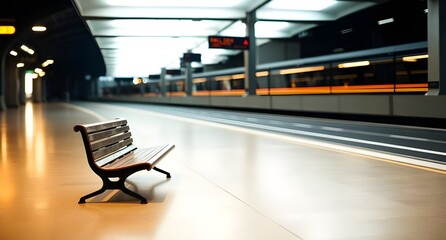 Empty waiting chairs in the train station platform area in evening