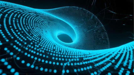 Abstract digital wave composed of glowing blue dots forming a spiral pattern in a dark space