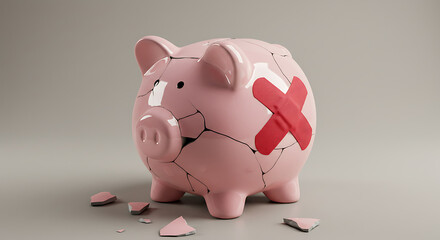Broken pink piggy bank with cracks and a red bandage, symbolizing financial trouble.