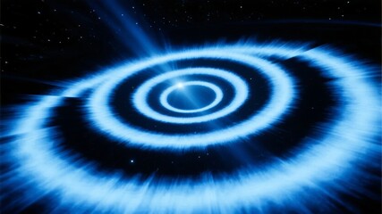 Fototapeta premium Concentric blue light rings radiating outward in a cosmic space background with star-like particles