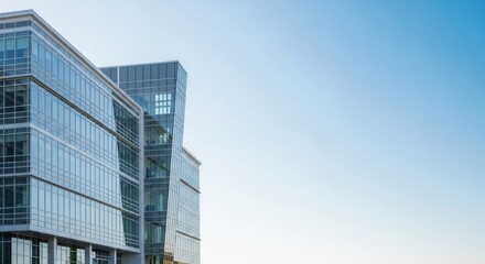 Modern office building with glass facade against clear blue sky background
