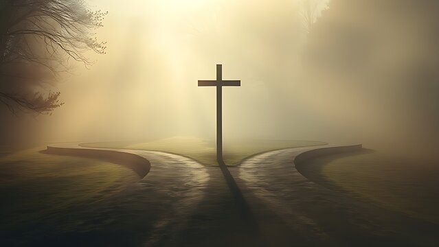 divergence. Misty crossroads splitting into paths, illustrating life's decision-making moments. wellbeing guides, coaching materials, designed for mental health education and mindfulness programs.