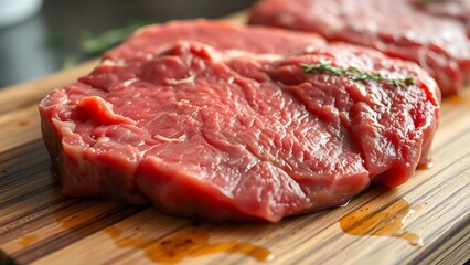 Fototapeta premium cuttingboard. A marbled raw steak on a wooden cutting board, showcasing natural textures and freshness. menu design, packaging mockups, designed for food delivery and cloud-kitchen brand materials.