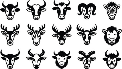 Animal head silhouettes collection, farm and wild animals vector illustration, cow, deer, bull, ram, zebra, buffalo, goat face icons design set