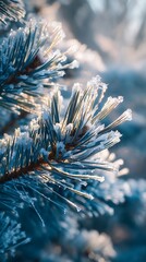 Sparkling frost adorns pine needles in soft winter sunlight