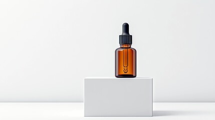 A single amber glass dropper bottle with a black cap and dropper is positioned on a white cube, set against a plain white background.