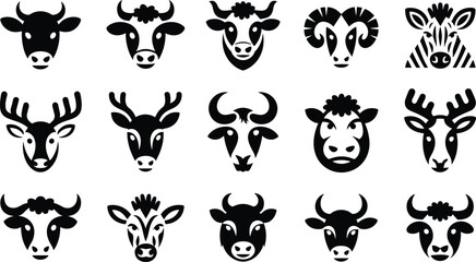 Animal head silhouettes vector collection, cow, deer, bull, ram, zebra, buffalo, goat, wildlife and farm animal face icons illustration design