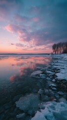 Tranquil winter sunset reflects on icy lake shore