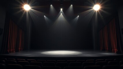 actor. An empty theater stage features dramatic spotlight beams and partially visible velvet curtains, evoking a cinematic mood. event programs.
