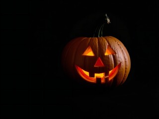 Fototapeta premium Spooky carved halloween pumpkin with glowing orange light illuminating the dark night white background