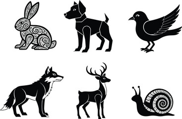 Animal vector silhouette illustration set, rabbit, dog, bird, wolf, deer, snail, black and white wildlife design, decorative pattern, nature concept art