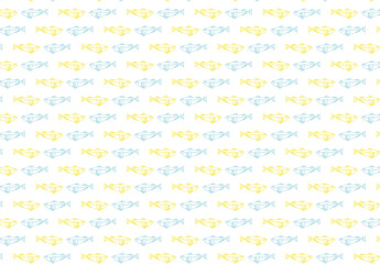 青と黄色の魚が黒背景に規則的に並んだシームレスパターンのイラスト｜高コントラストな色使いが海のモチーフを引き立てる装飾的なデザイン