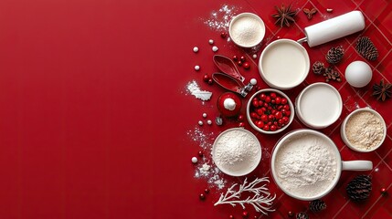 A flat lay of ingredients and tools for Christmas baking, including flour, sugar, cranberries, and pine cones, set against a red background.