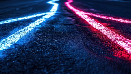A close-up of the asphalt on an empty street at night, with blue and red lines drawn in white light creating abstract patterns on it. The camera is focused on capturing details