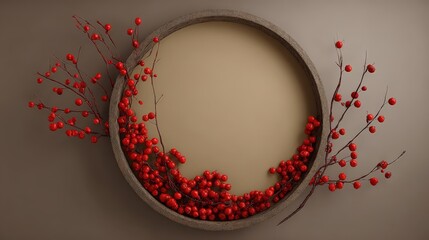 Round frame adorned with vibrant red berries and slender branches creates a beautiful natural border