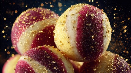 Delicious round confections dusted with shimmering edible gold particles against a dark backdrop