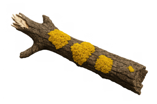 Fallen tree branch with vibrant yellow lichen growing on rough bark surface, natural decomposition process