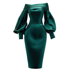 Emerald sheath dress, off-shoulder, voluminous sleeves