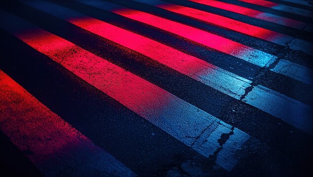 A close-up of the red and blue light stripes on asphalt, creating intricate patterns that cast dramatic shadows across an empty street at night. The camera angle is low to capture the depth