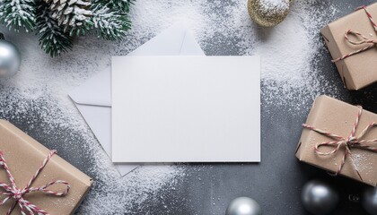 Design your heartfelt Christmas message with this cozy holiday flatlay featuring gifts, ornaments, and snowy pine branches around blank card