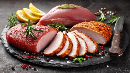 Assortment of fresh and cooked poultry cuts displayed with garnishes on a dark surface