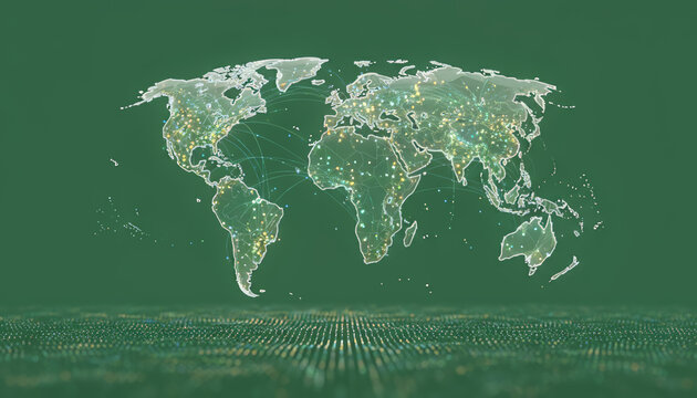 A digital representation of the world map with a green background, showcasing interconnected data points across various regions.