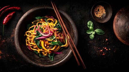 Dark and moody presentation of seasoned noodles with vibrant vegetables served in an earthen bowl
