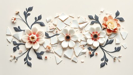 labdanum. Broken porcelain fragments reassembled into an elegant floral mosaic on a neutral surface, top-down view. menu design.