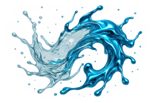 Water and blue metallic liquid splashing in dynamic yin yang shape on transparent background