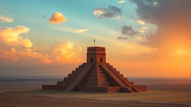 ziggurat. Ancient ziggurat tower rising from plains against a dramatic sky during the golden hour. real-estate listings.