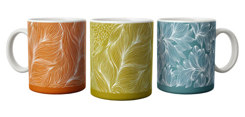Three ceramic mugs with linear, natural designs