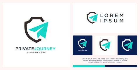 Private journey logo design wit shield and plane