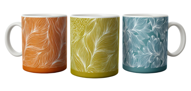 Three ceramic mugs with linear, natural designs